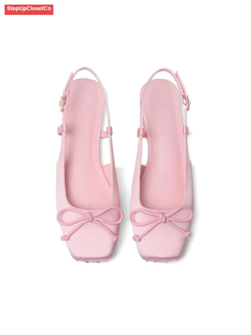Satin Ballet Flats with Square Toe, Bow, and Ankle Buckles - Dressy